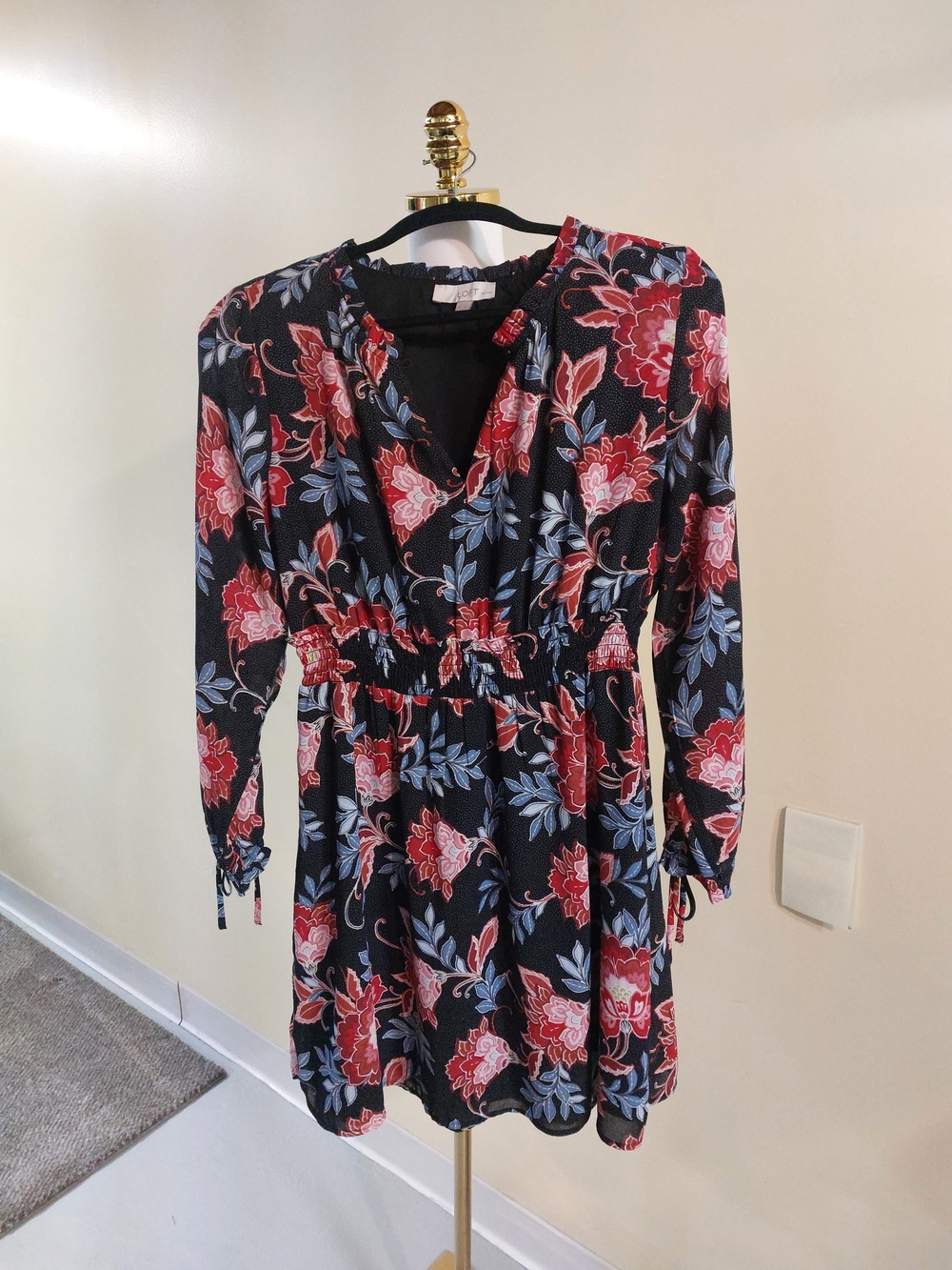 LOFT Black Long-Sleeve V-Neck Dress with Red Floral Print